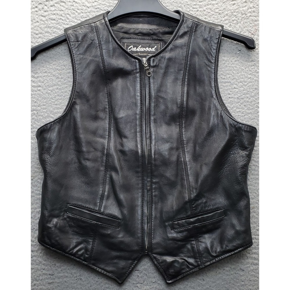 Oakwood Classic Leather Vest Womens Medium Black Sleeveless Motorcycle Full Zip